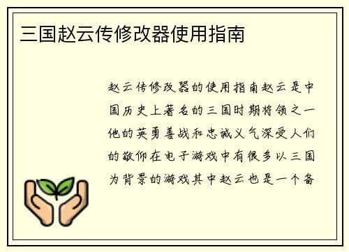 三国赵云传修改器使用指南